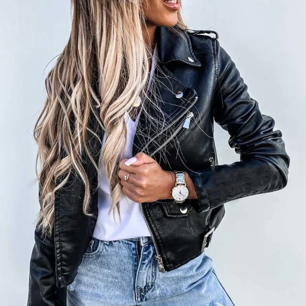 Rosalind Women's Leather Jacket – Elegant Jacket with Stand-Up Collar, Belt and Premium Leather