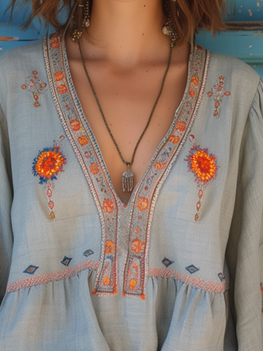 Marisol Blouse Femme Bohème – Blouse Brodée en Coton Mélangé avec Col en V et Coupe Fluide