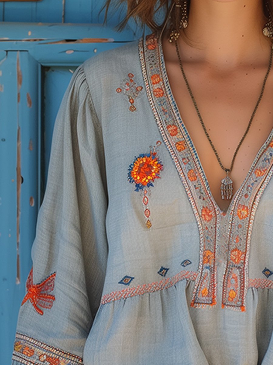 Marisol Blouse Femme Bohème – Blouse Brodée en Coton Mélangé avec Col en V et Coupe Fluide