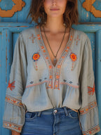 Marisol Blusa Donna Bohemien – Blusa Ricamata in Cotone Misto con Scollo a V e Taglio Fluido