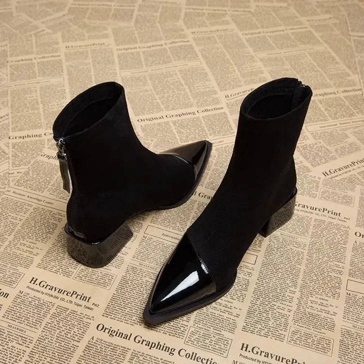 Vanessa Women's Suede Ankle Boots – Elegant Ankle Boots with Patent Details and Comfortable Block Heel