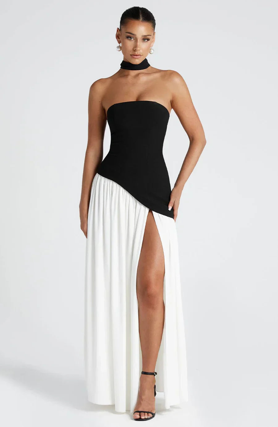 Isaline Robe Longue Femme – Robe de Soirée Bustier Bicolore avec Fente Élégante & Foulard