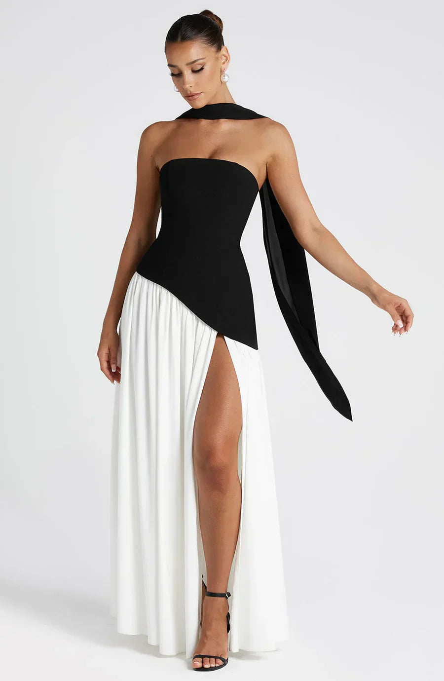 Isaline Vestido Largo de Mujer – Vestido de Noche Bicolor con Escote Bandeau, Abertura Elegante y Pañuelo