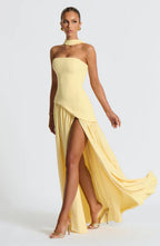 Isaline Robe Longue Femme – Robe de Soirée Bustier Bicolore avec Fente Élégante & Foulard