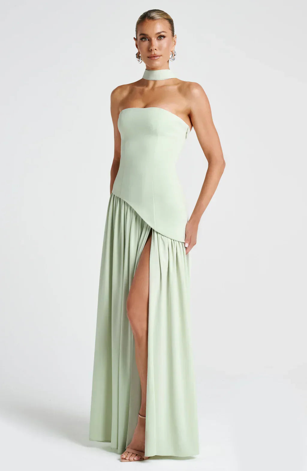 Isaline Vestido Largo de Mujer – Vestido de Noche Bicolor con Escote Bandeau, Abertura Elegante y Pañuelo