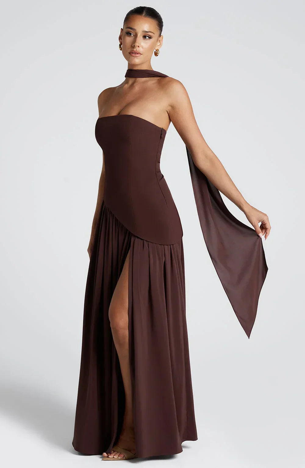 Isaline Vestido Largo de Mujer – Vestido de Noche Bicolor con Escote Bandeau, Abertura Elegante y Pañuelo