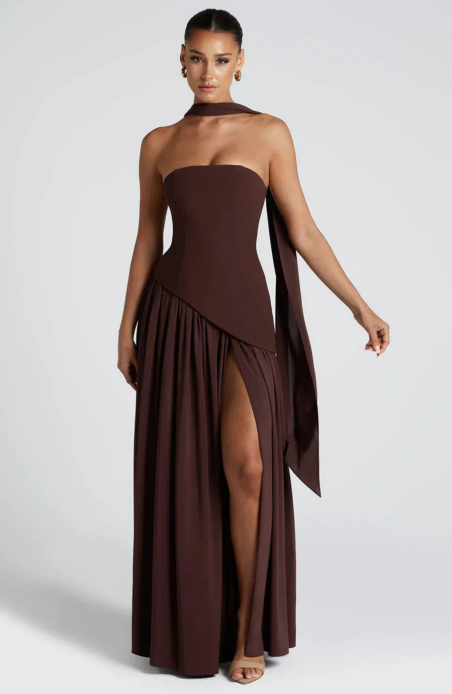Isaline Robe Longue Femme – Robe de Soirée Bustier Bicolore avec Fente Élégante & Foulard