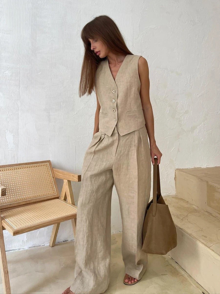 Amandine Ensemble Femme en Lin – Coordonné Été avec Gilet Sans Manches & Pantalon Large
