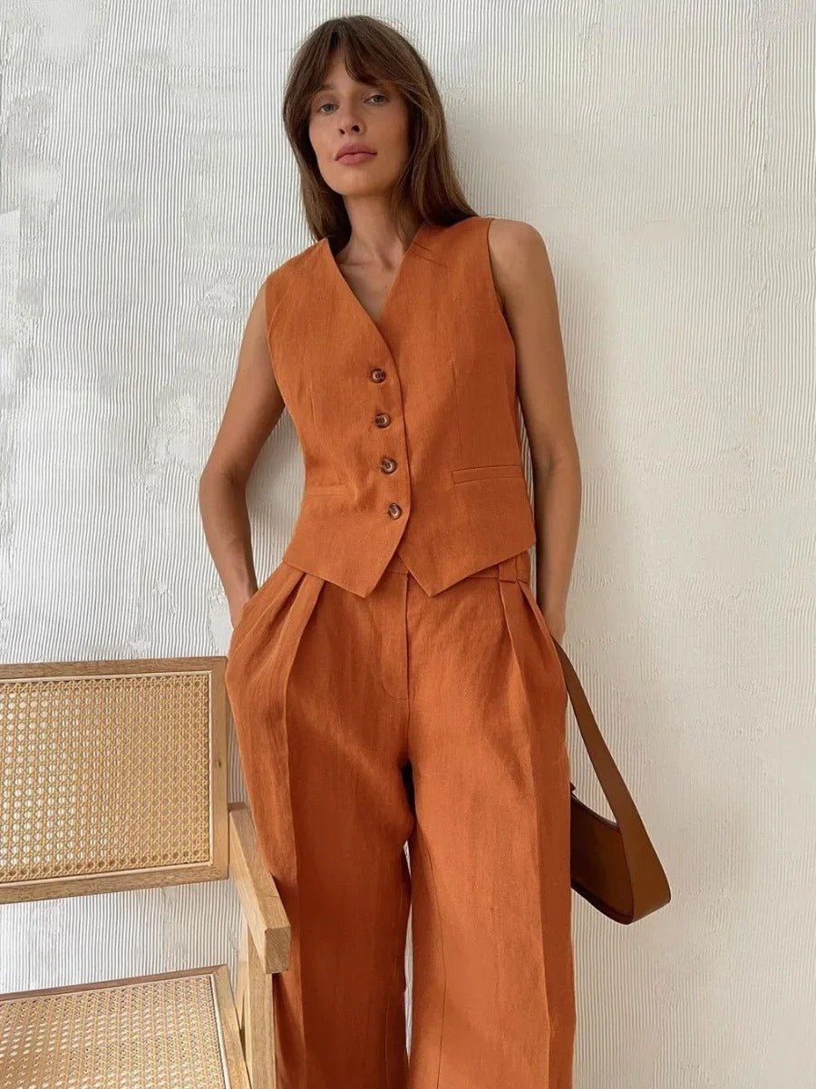 Amandine Ensemble Femme en Lin – Coordonné Été avec Gilet Sans Manches & Pantalon Large