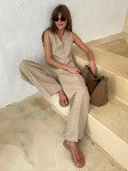 Amandine Completo Donna in Lino – Coordinato Estivo con Gilet Senza Maniche e Pantaloni Larghi