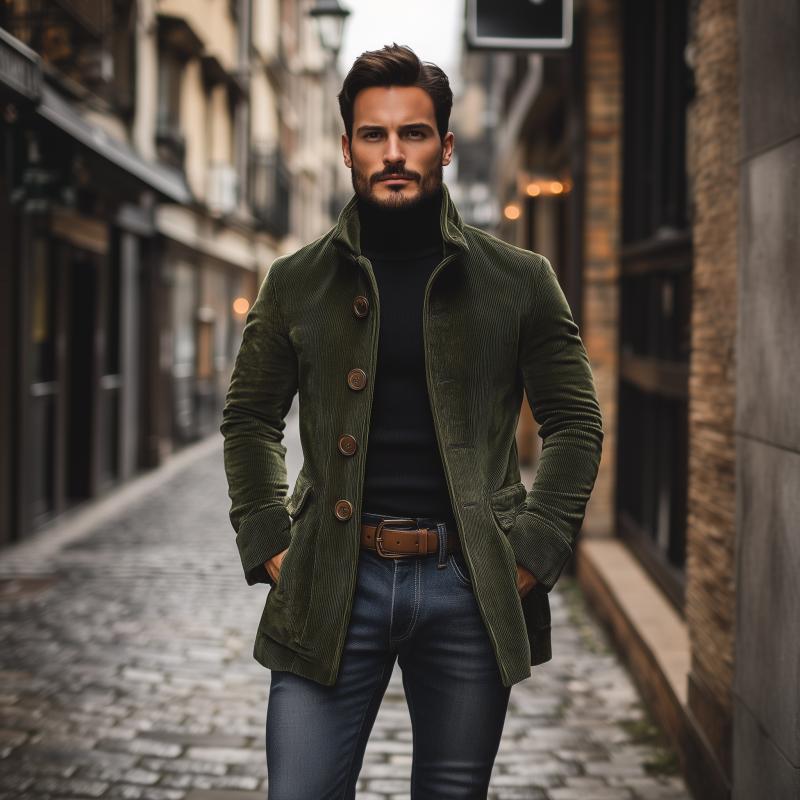Nathan Manteau Homme en Velours Côtelé – Manteau Élégant Coupe Slim avec Col Montant