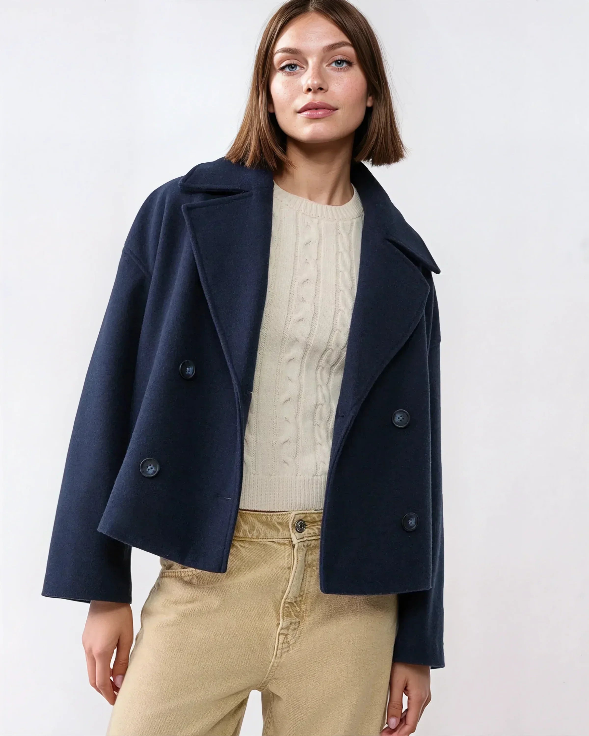 Amélie Veste Femme – Veste Courte Croisée en Laine avec Revers Élégants & Style Hivernal Chic