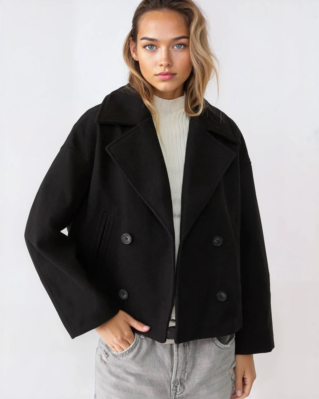 Amelie Women's Jacket – Short Wool Crossover Jacket with Elegant Lapels & Chic Winter Style