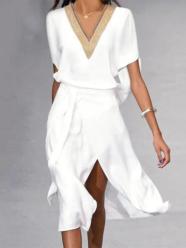 Madison Women's Midi Dress – Elegant White Dress with V-Neck & Timeless Minimalist Design